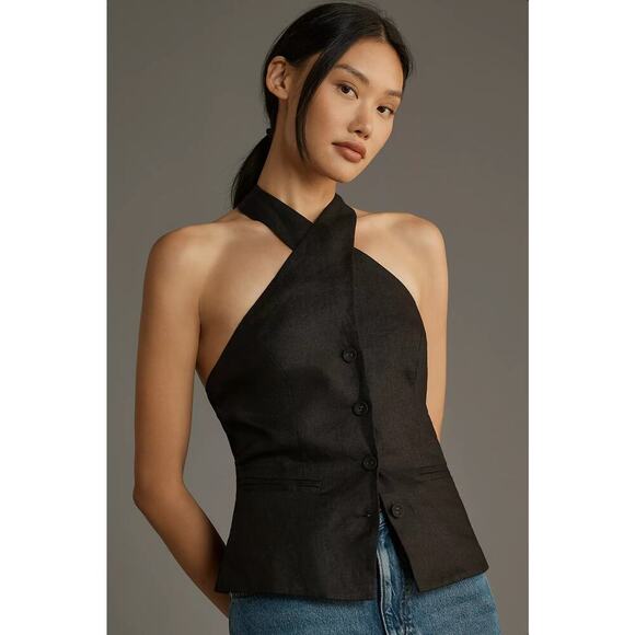 NWT Reformation Tate Linen Top Black Halter Size 10 Button Front - Picture 1 of 10